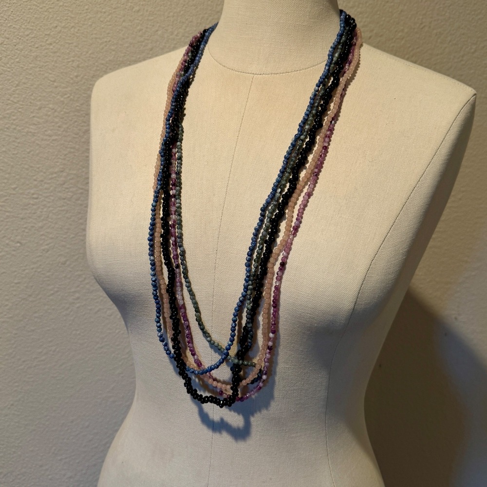 Multi‎ Strand Natural Stone Beaded Layered Necklace Blue Purple Pink Black Gold